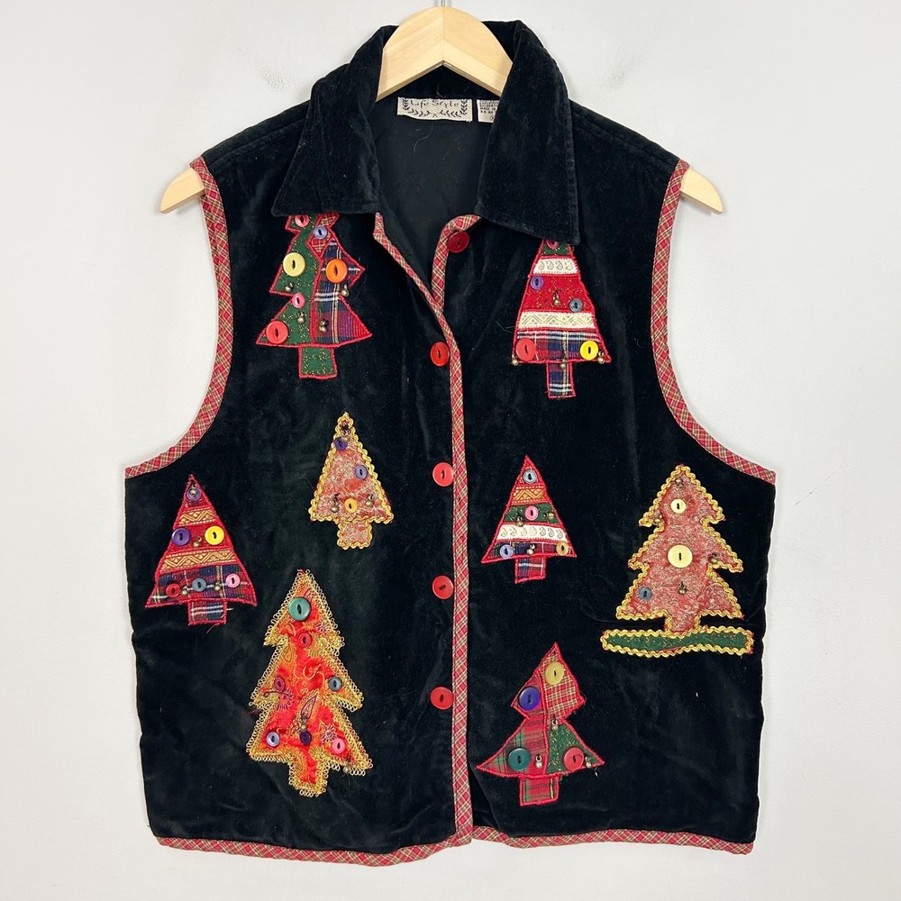 Vintage Black Velvet Vest Christmas Holiday Embellished Women's Size XL